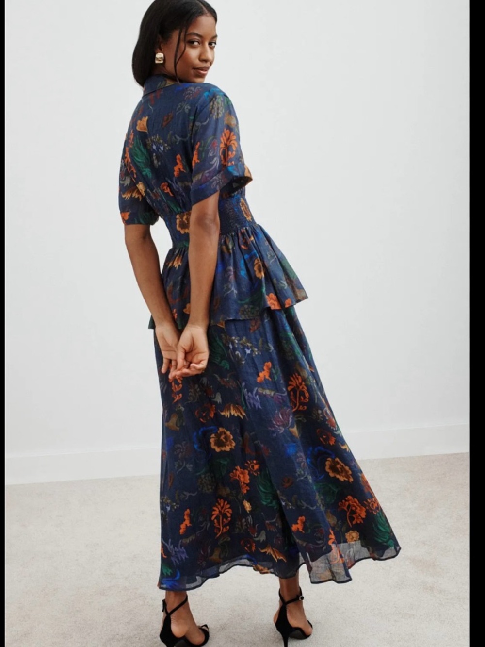 Rosie Assoulin Navy Floral Tiered Maxi Dress with Orange & Green Accents